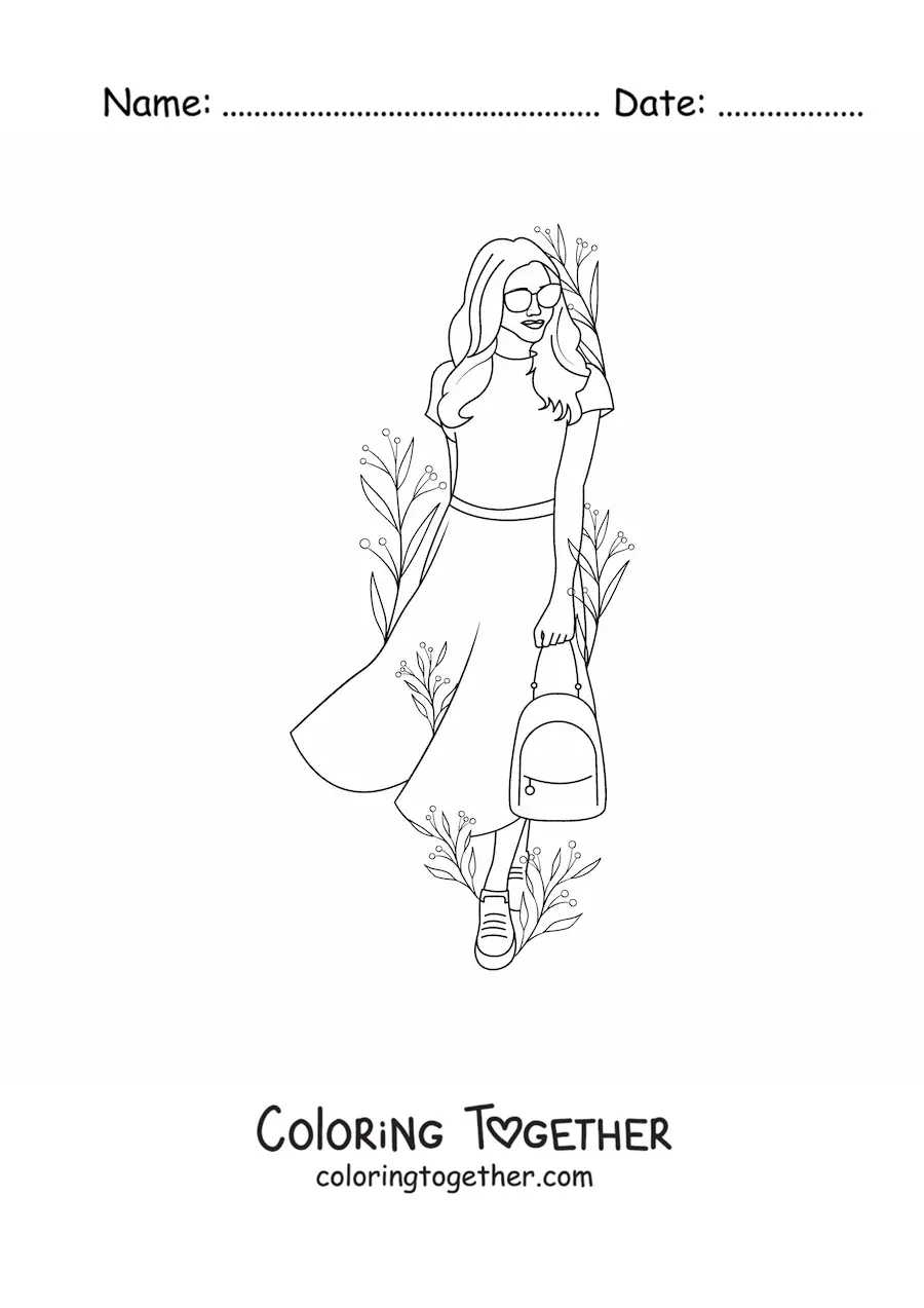 Coloring page of a modern girl leaning against a wall surrounded by flowers