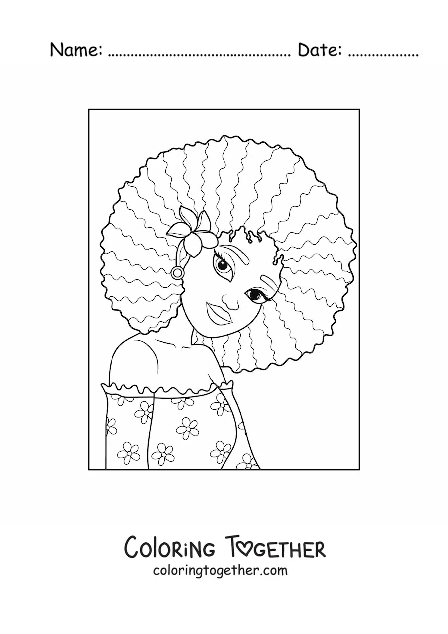 Coloring page of a modern girl with an afro hairstyle