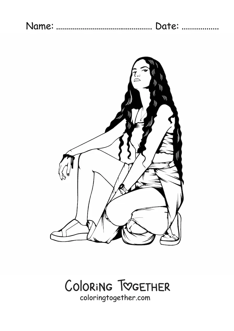 Coloring page of a modern teenage girl crouching down