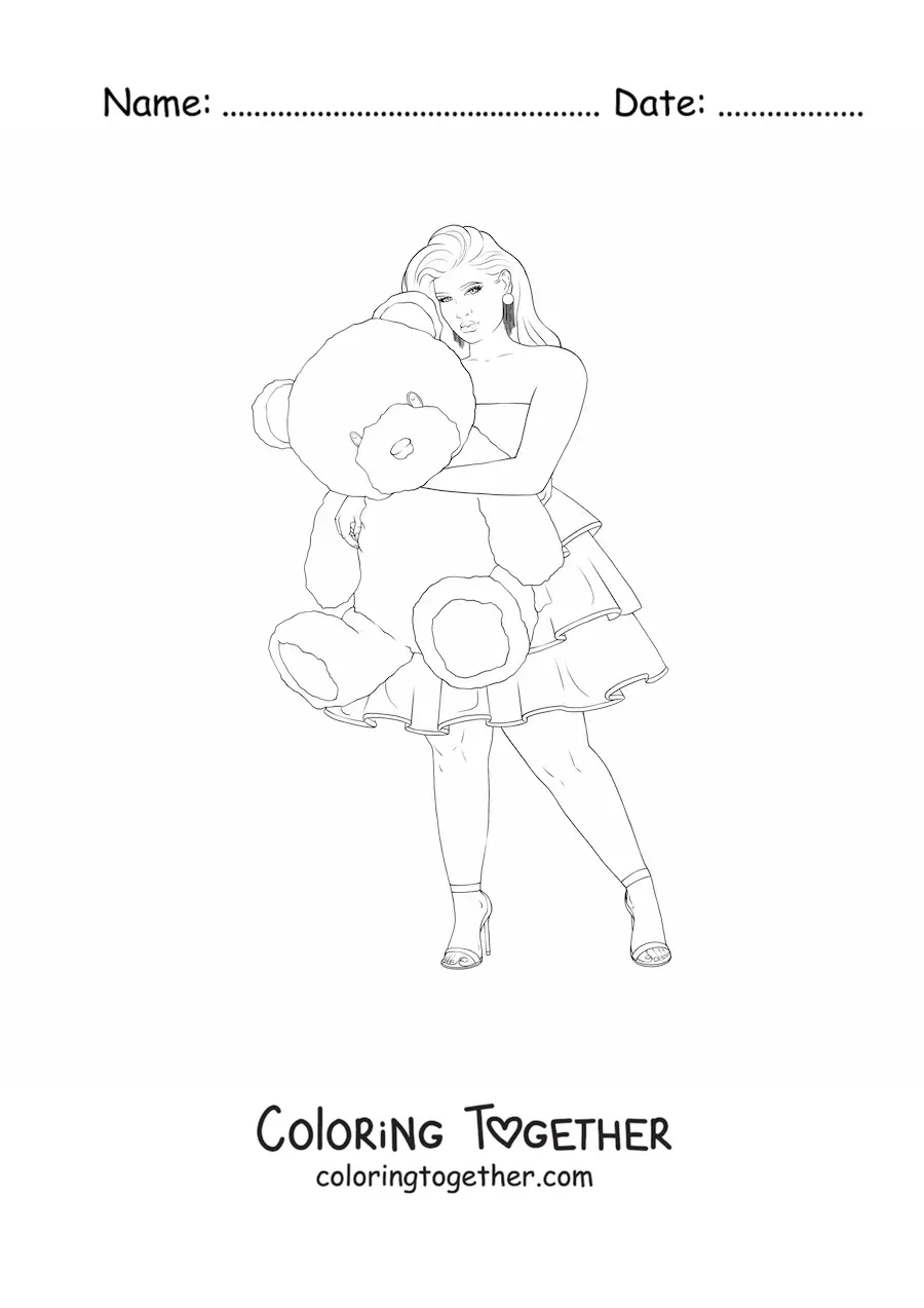 Coloring page of a girl in a short casual dress holding a teddy bear