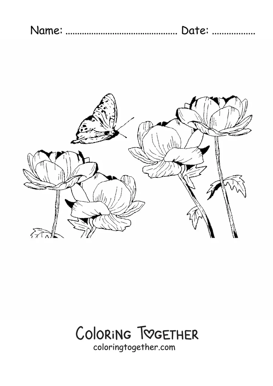 Coloring page of a butterfly flying over wildflowers