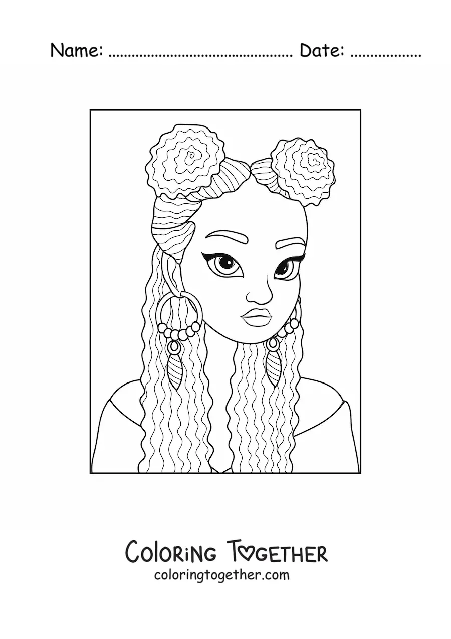 Coloring page of an African American young woman with an alternative hairstyle