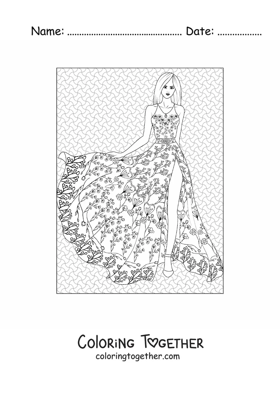 Coloring page of a woman in a long dress with a flowery design