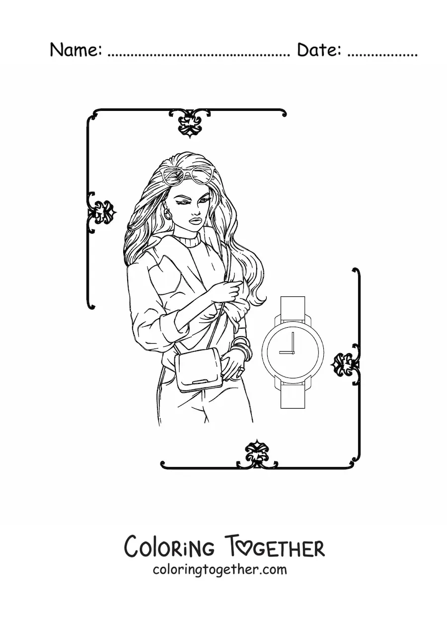 Coloring page of a woman wearing a jacket and a watch