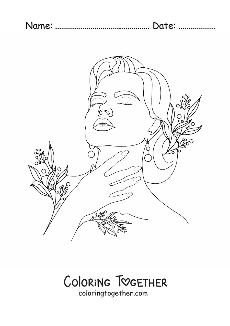 Coloring page of a realistic woman's face surrounded by flowers