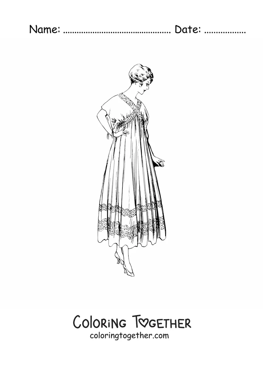 Coloring page of a woman dressed in a vintage dress