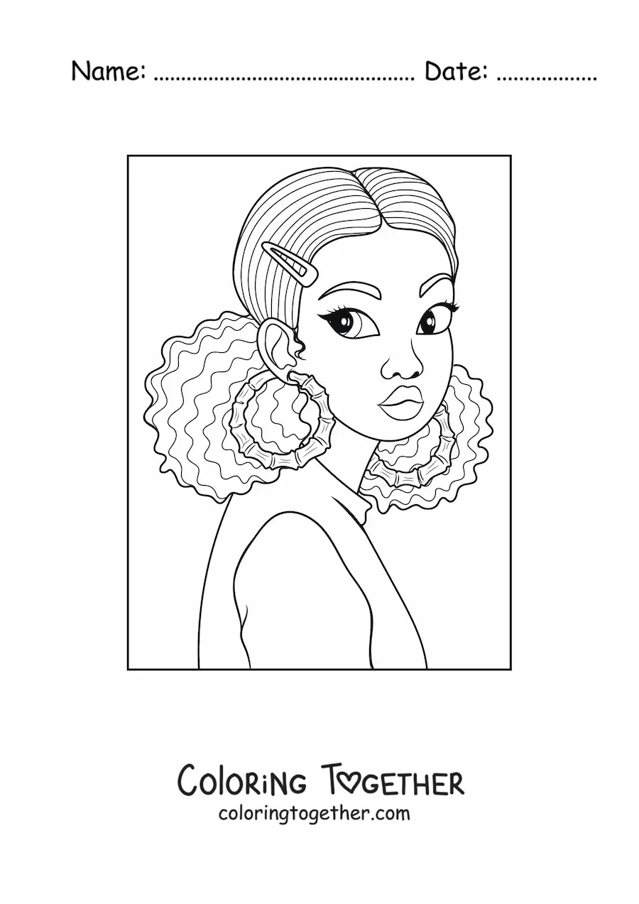 Coloring page of an African American girl with big earrings and curly hair