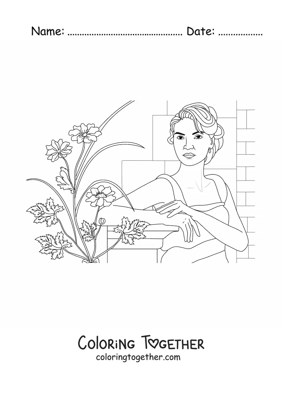 Coloring page of a realistic woman next to several planted flowers