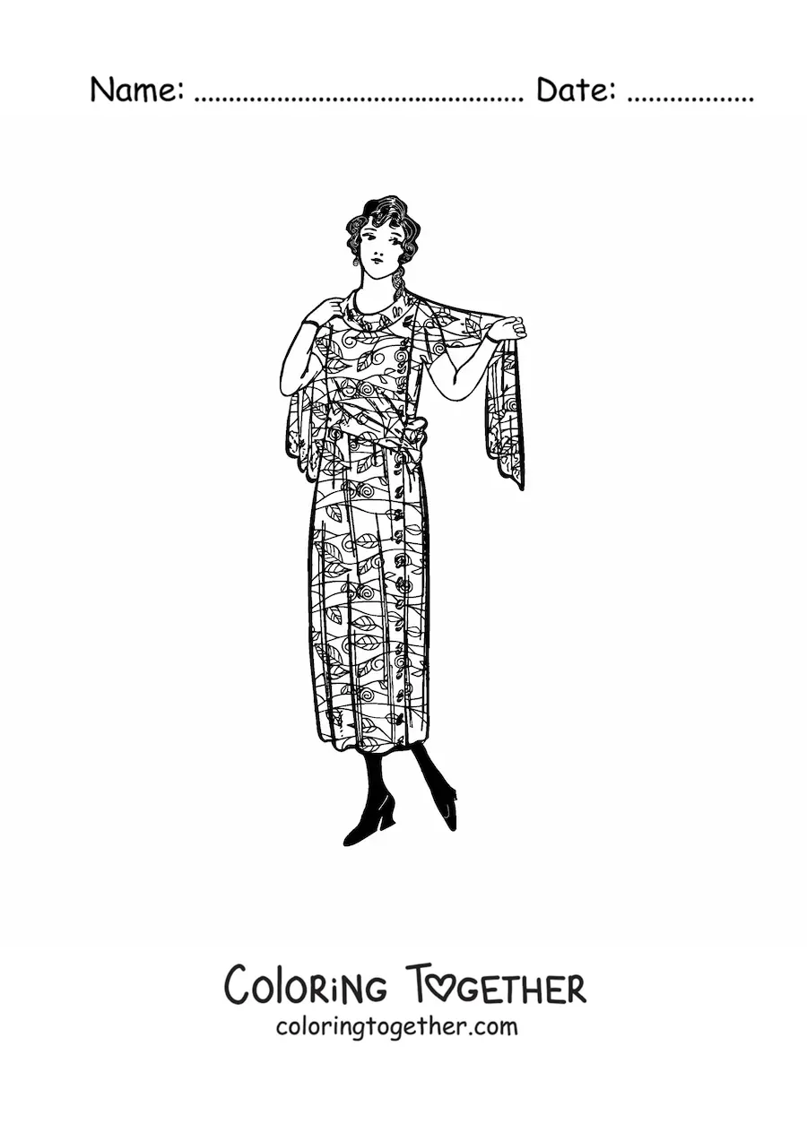 Coloring page of an elegant vintage-style woman