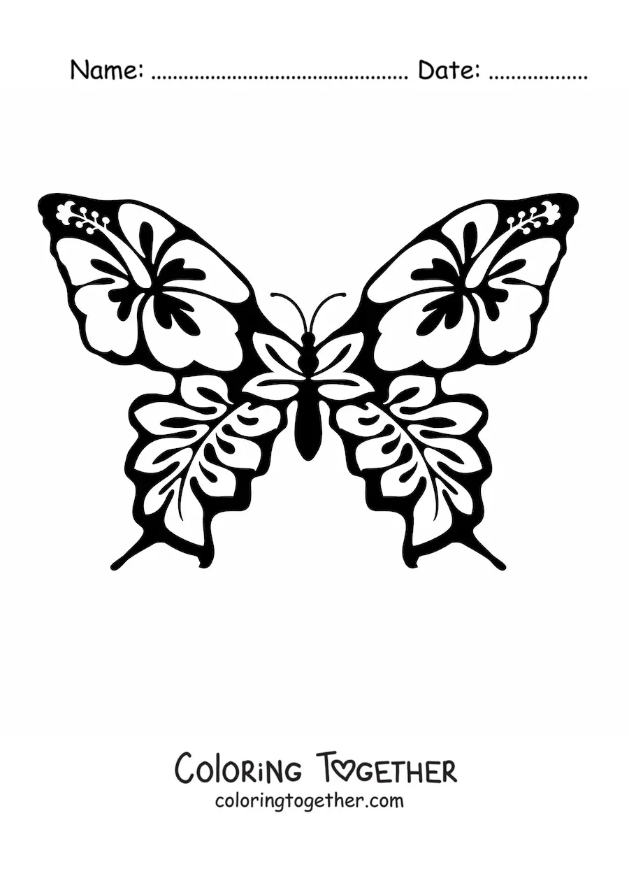 Coloring page of a butterfly with wings made of flower designs