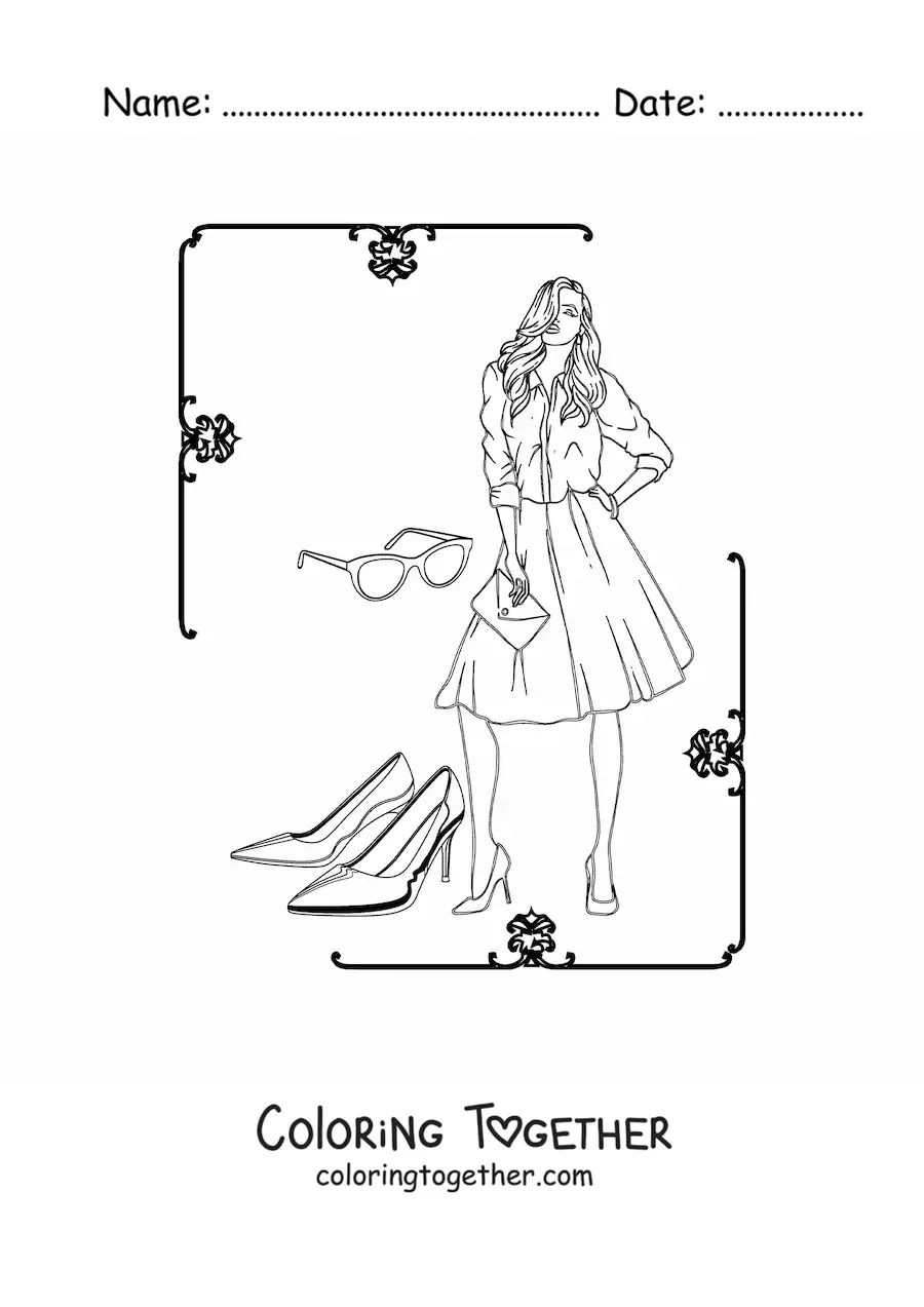 Coloring page of a woman wearing a dress and heels