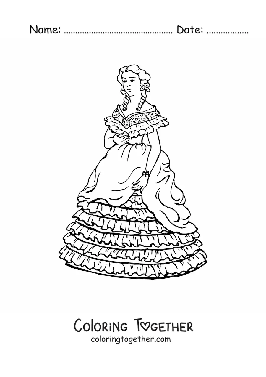Coloring page of a woman wearing a long vintage-style dress