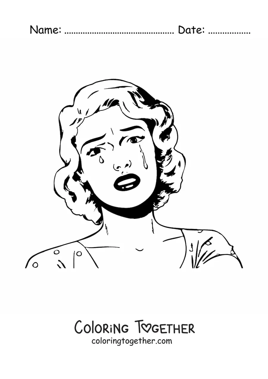 Coloring page of a woman's face crying drawn in vintage style