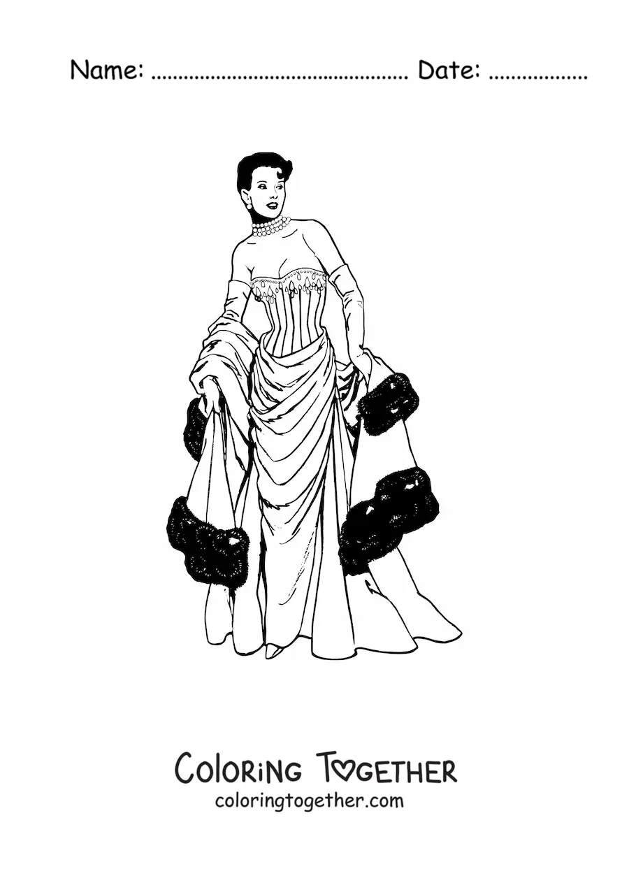 Coloring page of a lady dressed in vintage fashion