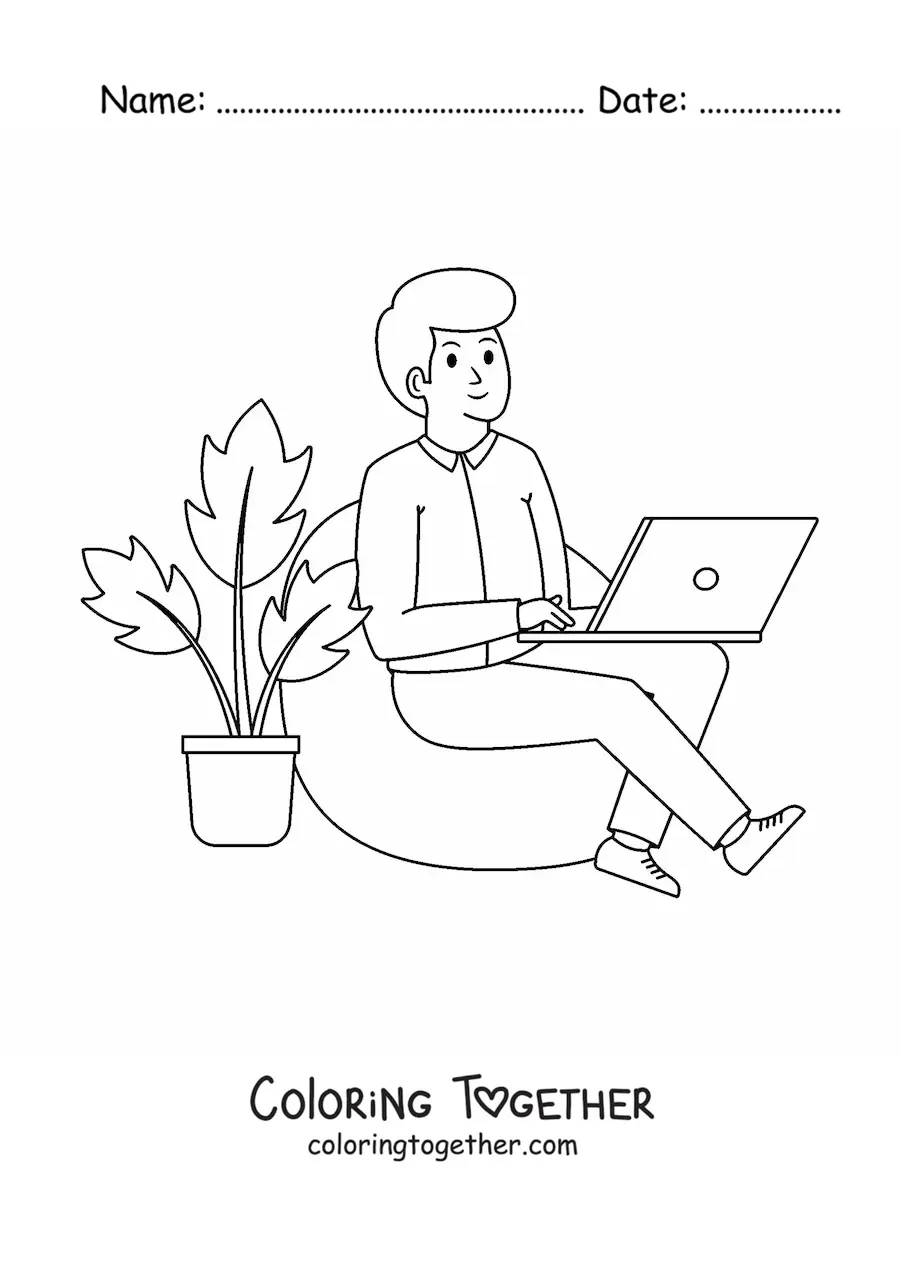 Coloring page of a modern man working on the computer
