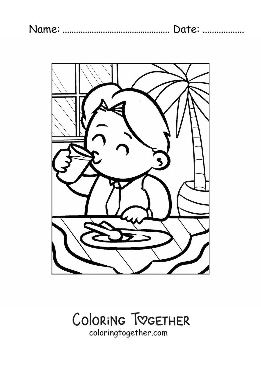 Coloring page of a man wearing a tie eating happily