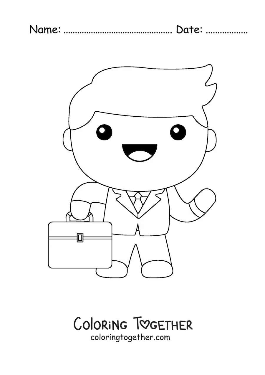 Coloring page of a kawaii man wearing a suit and carrying a briefcase
