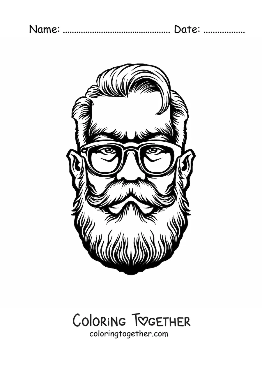 Coloring page of the face of a man with glasses and a beard