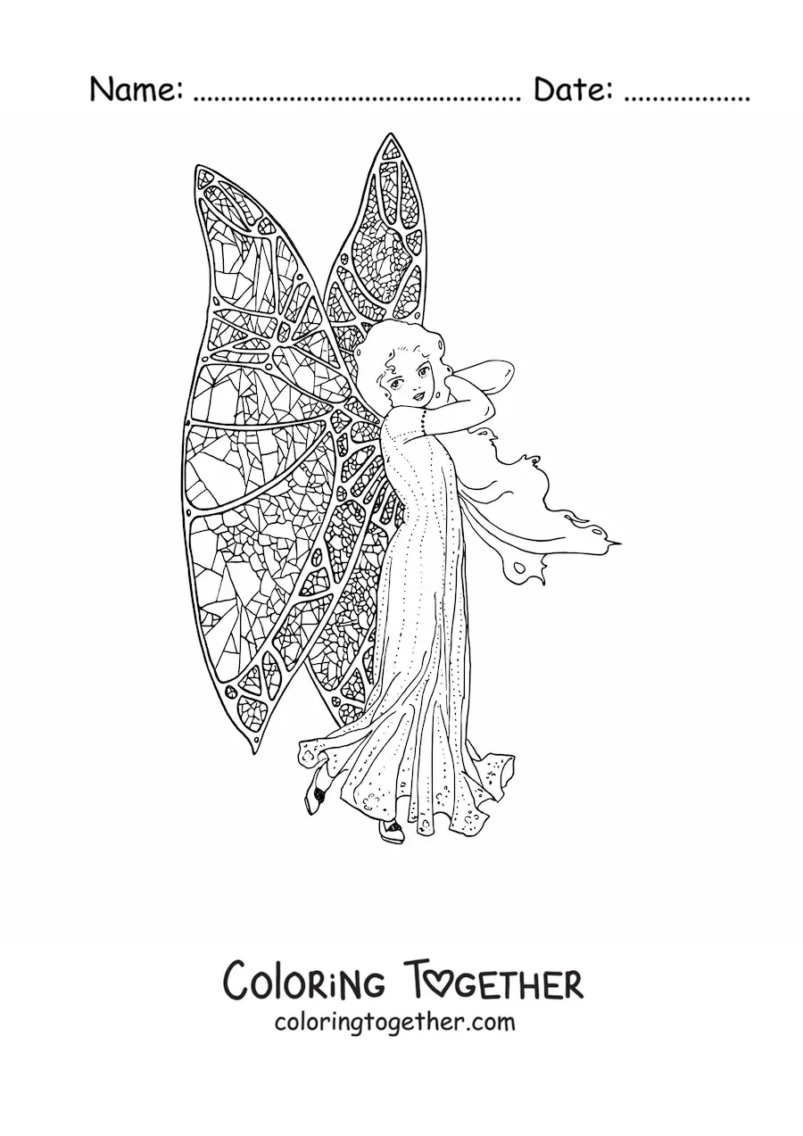 Coloring page of a fairy with butterfly wings