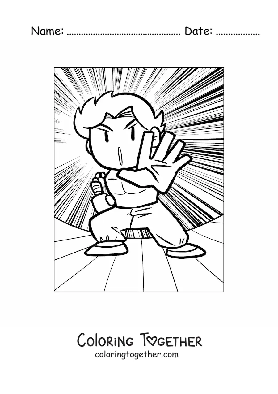 Coloring page of a cartoon of a karate man throwing a strong punch