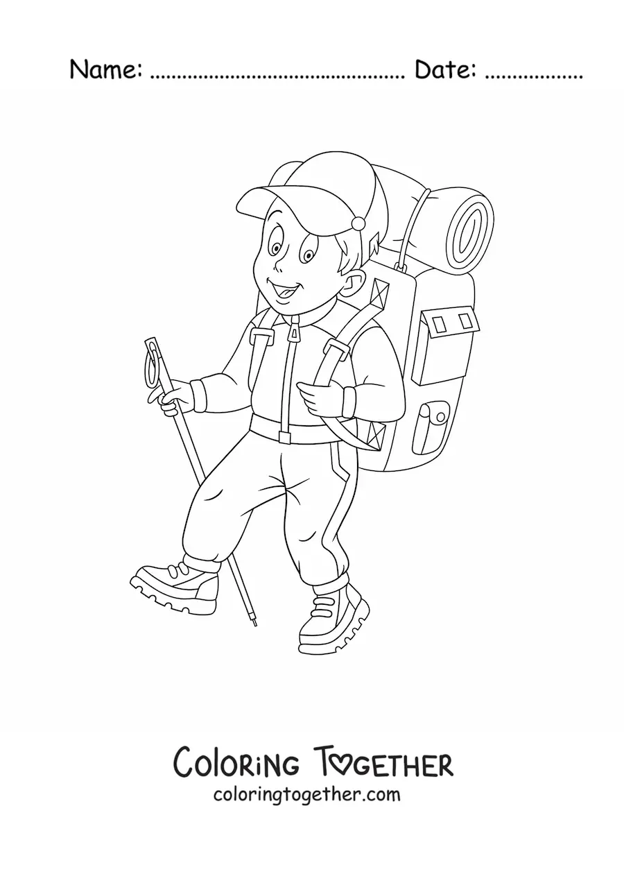 Coloring page of a happy man dressed as a mountaineer