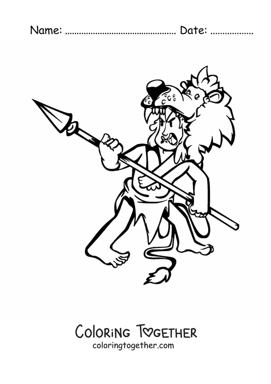 Coloring page of a man dressed in a loincloth and a lion's skin holding a spear, looking furious