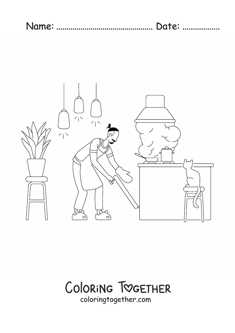 Coloring page of a man cleaning an apartment