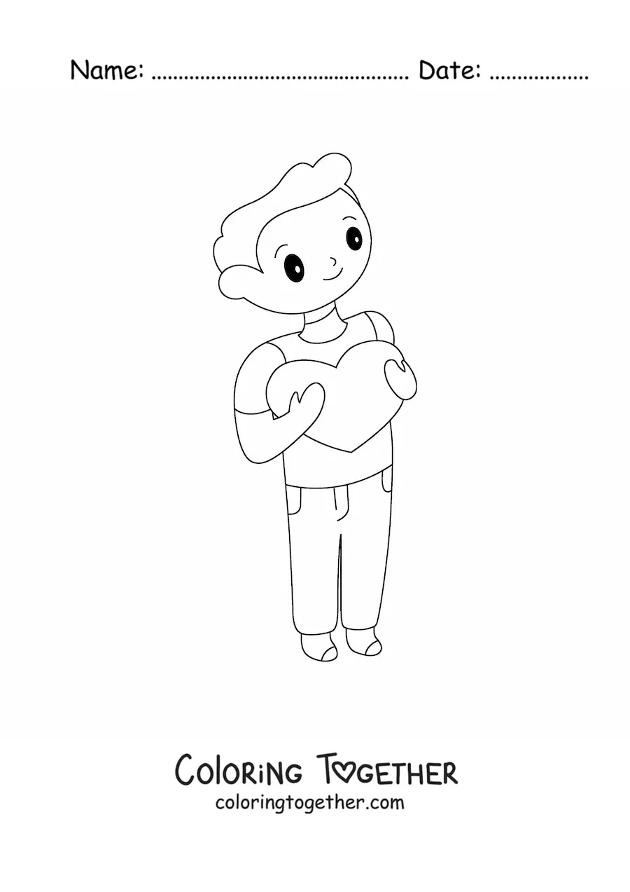Coloring page of a young man holding a heart in his arms