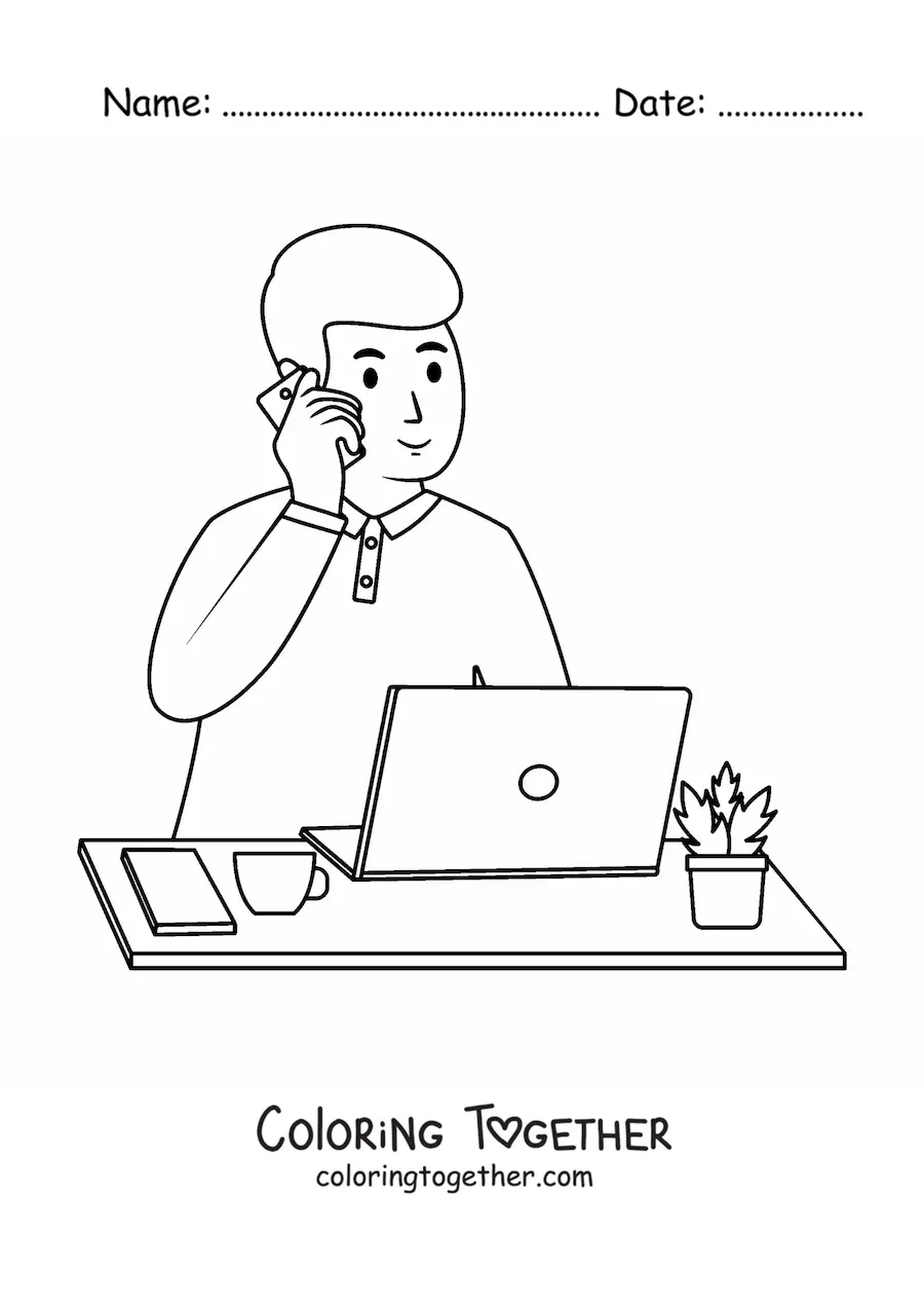Coloring page of a happy young man working at the computer while talking on the phone