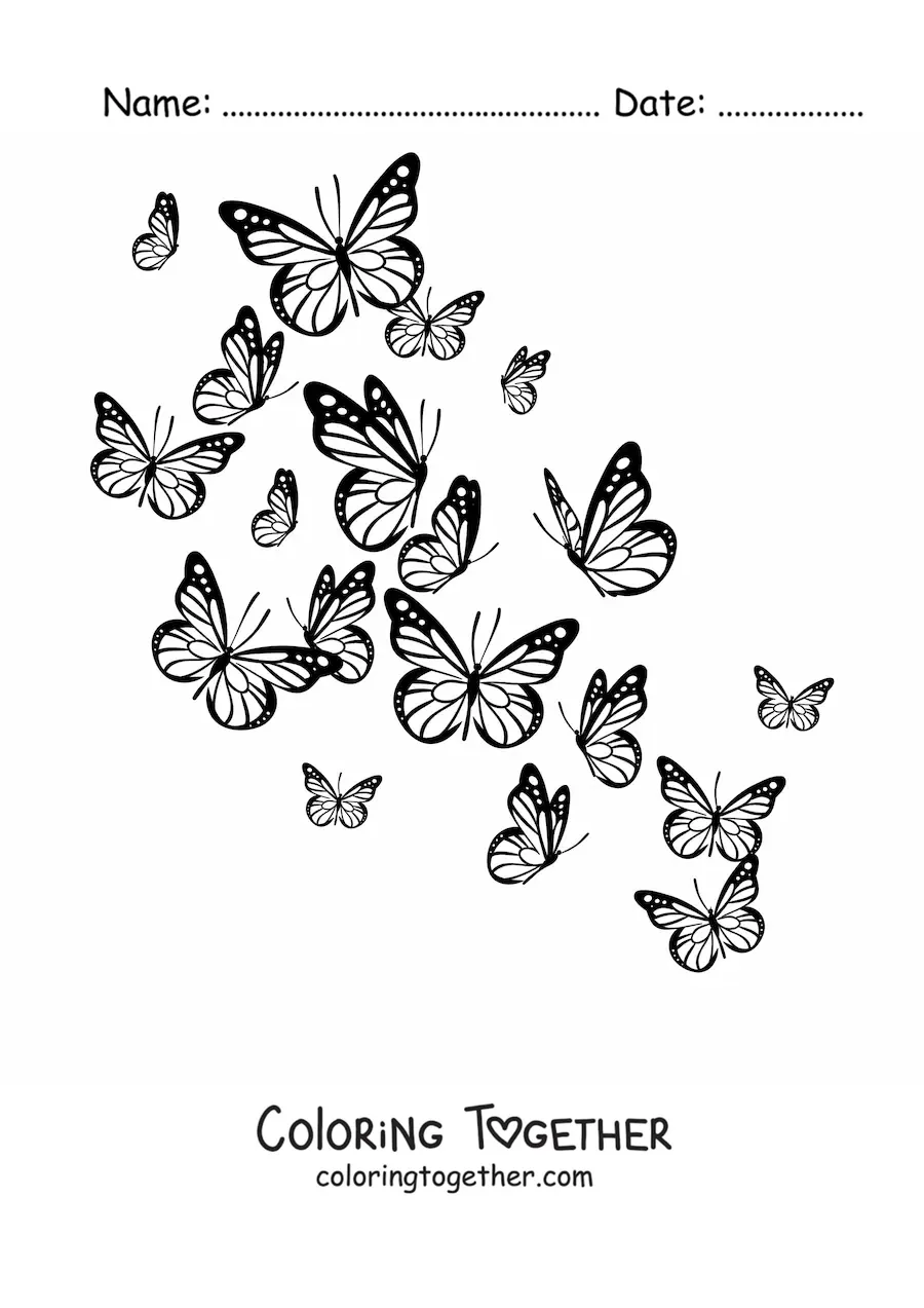 Coloring page of several butterflies flying
