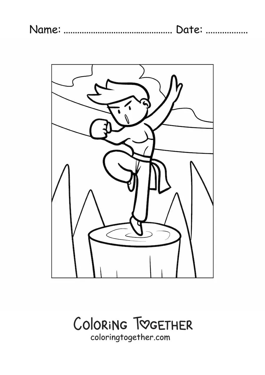 Coloring page of a cartoon of a strong young karate fighter training