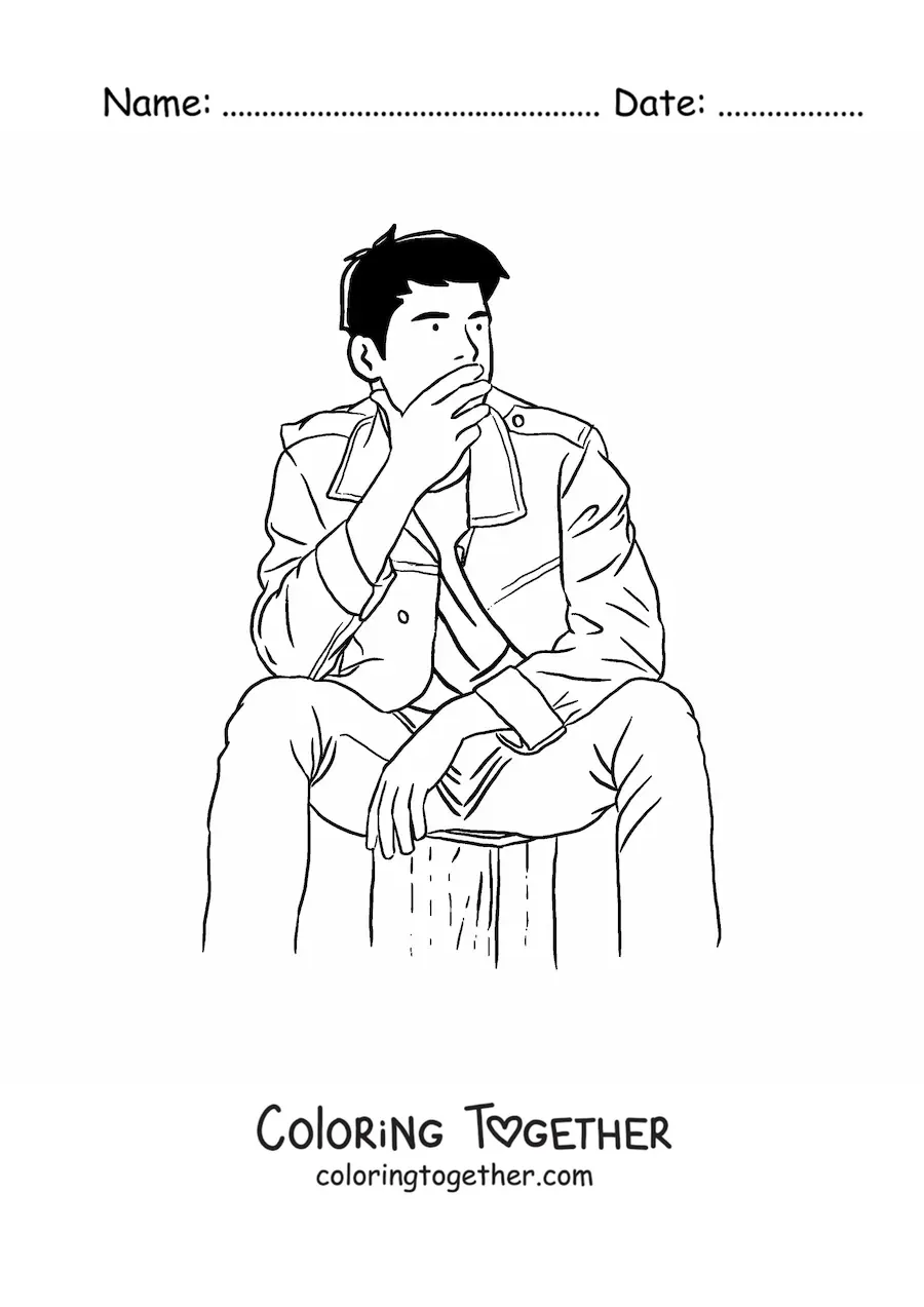 Coloring page of a young man sitting and looking thoughtful