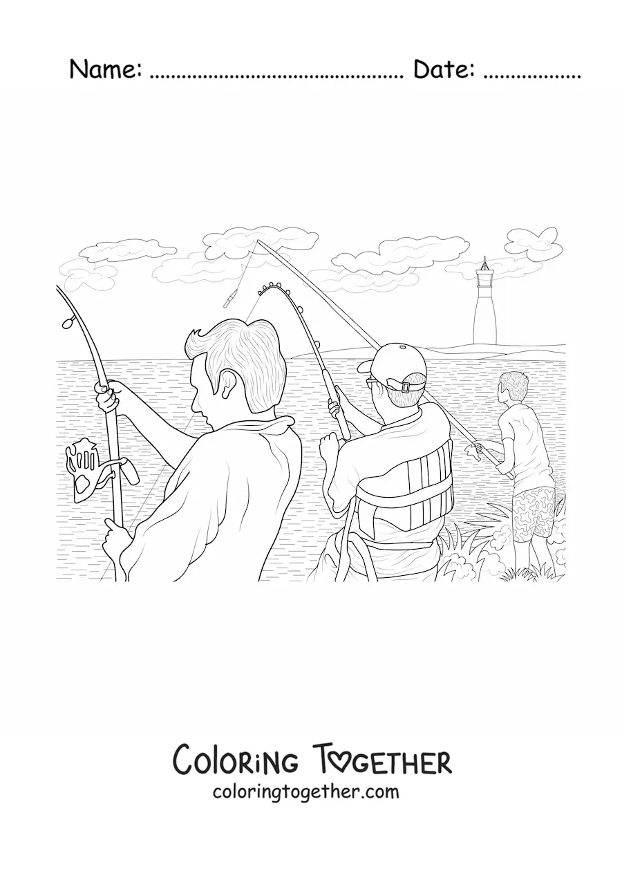 Coloring page of several men fishing on the shore of a lake