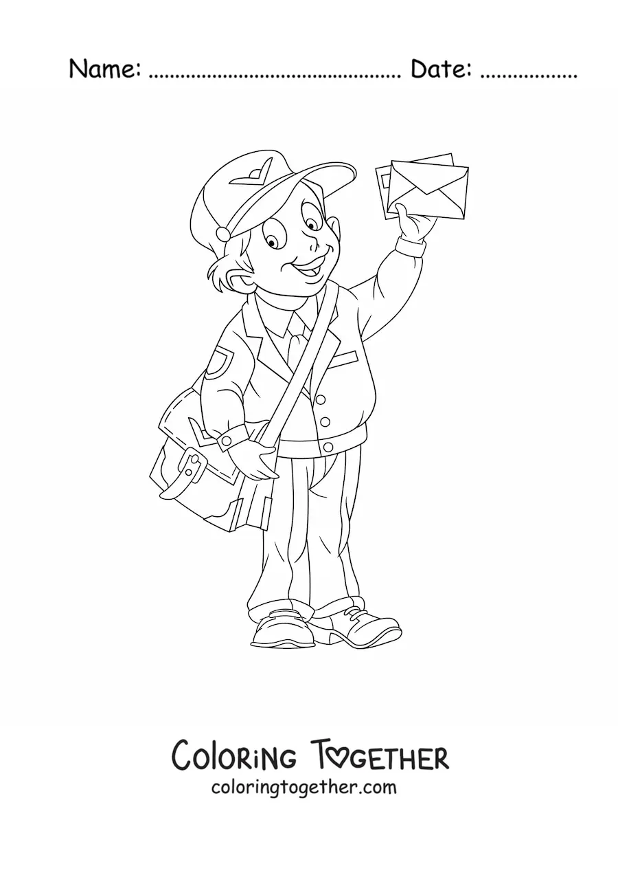 Coloring page of a young man dressed as a mailman