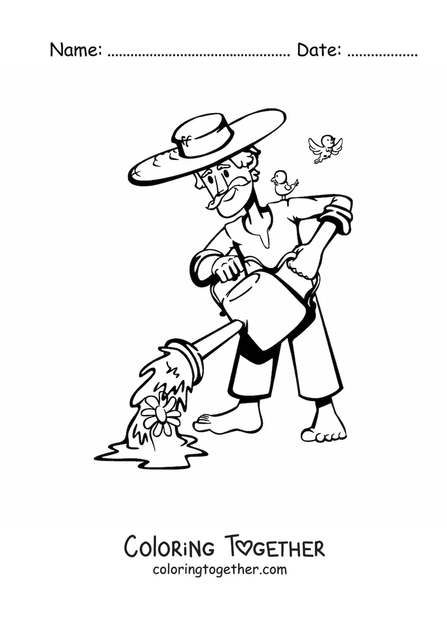Coloring page of a gardener man watering the plants