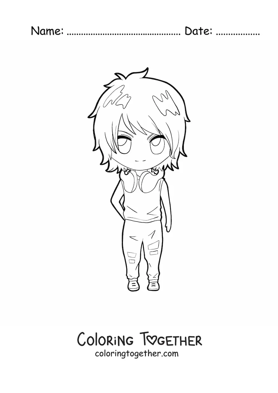 Coloring page of a boy in kawaii anime style