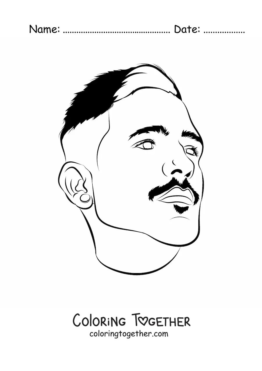 Coloring page of the face of a man with a mustache