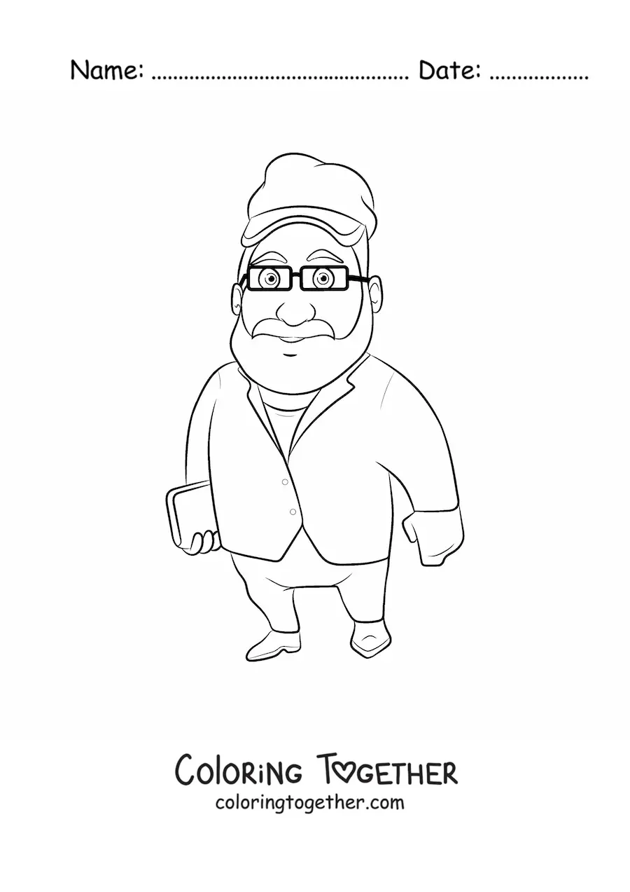 Coloring page of a man standing holding a book in his hand