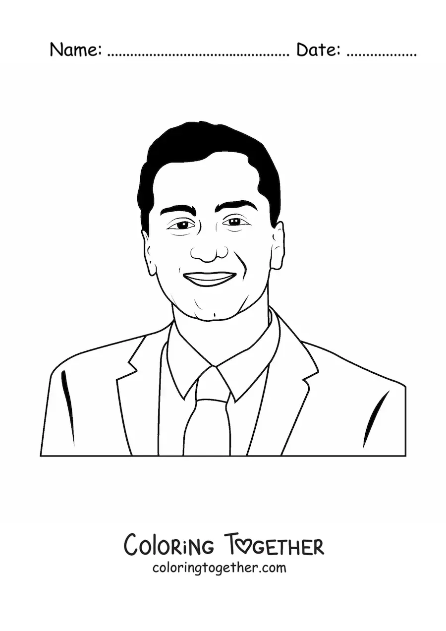 Coloring page of a happy man wearing a tie in realistic style