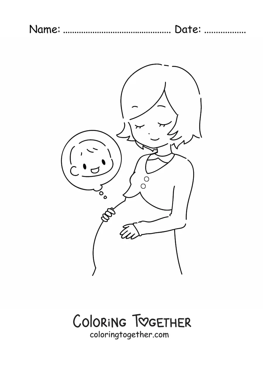 Coloring page of a young pregnant woman feeling the baby in her belly