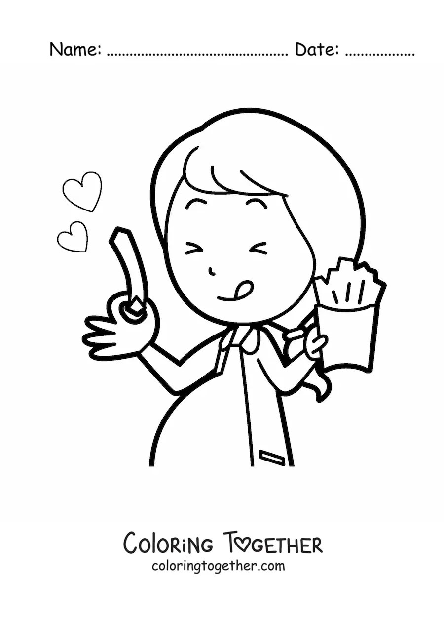 Coloring page of a happy pregnant woman eating snacks