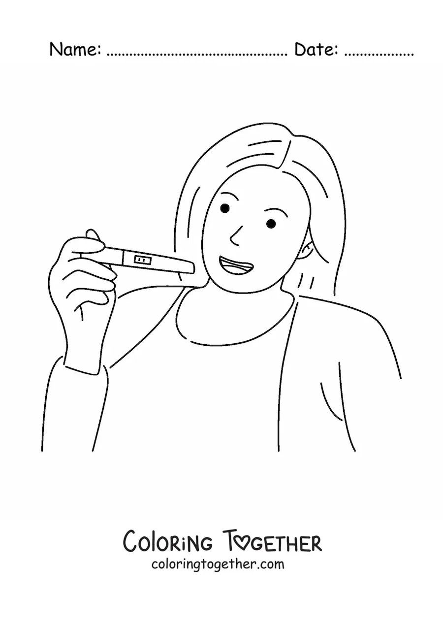Coloring page of a happy woman holding a pregnancy test