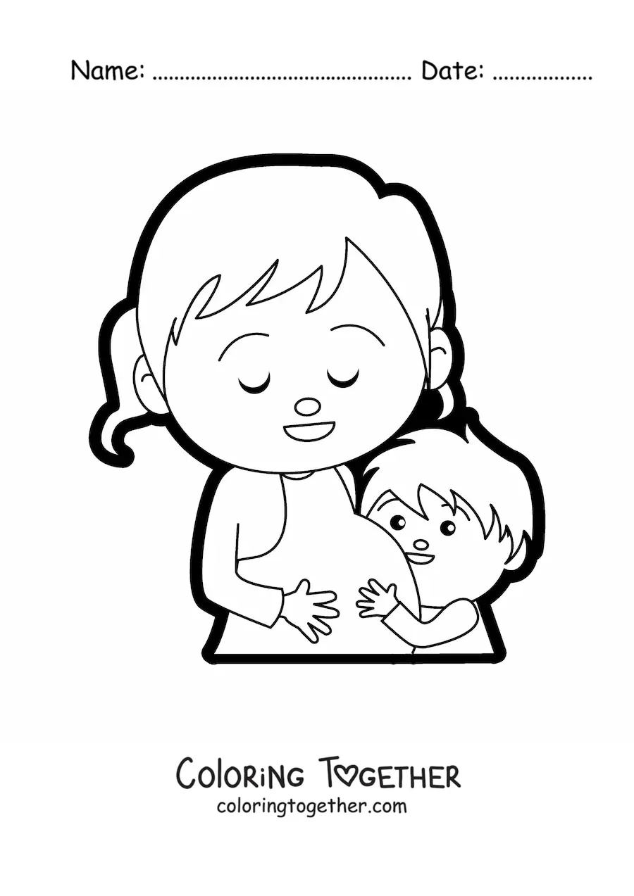 Coloring page of a pregnant mom next to her older child