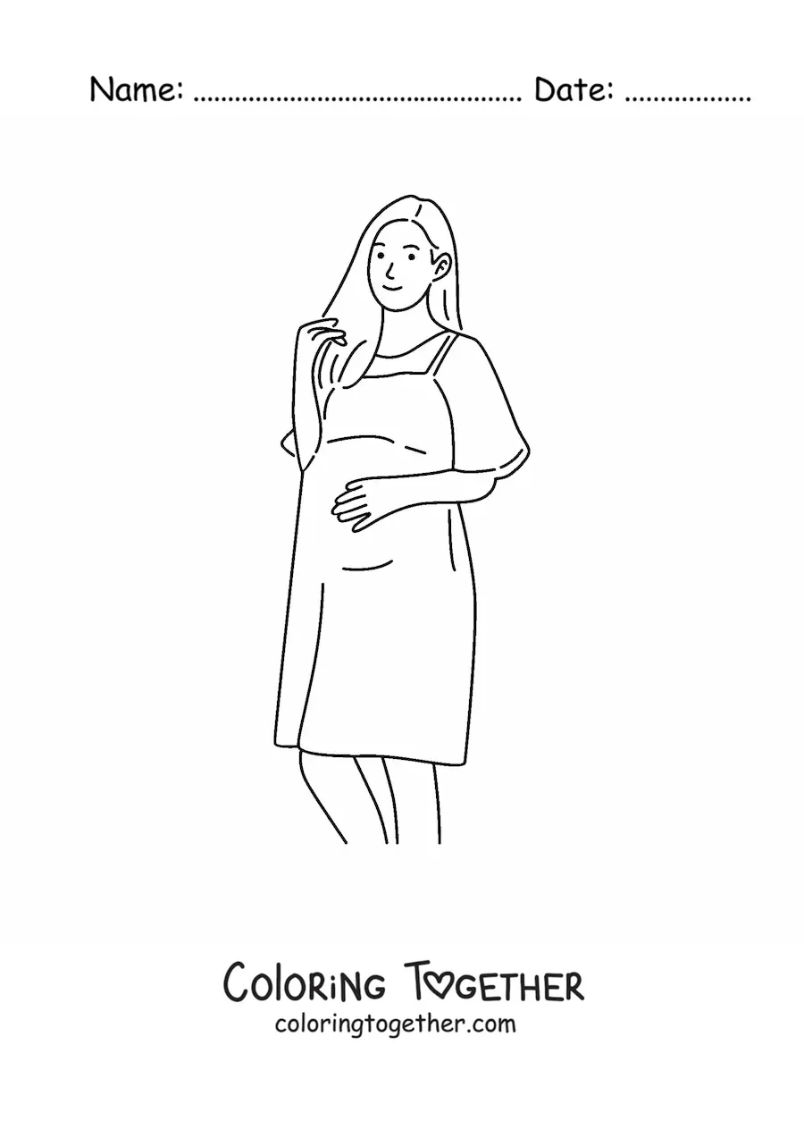 Coloring page of a pregnant woman touching her belly