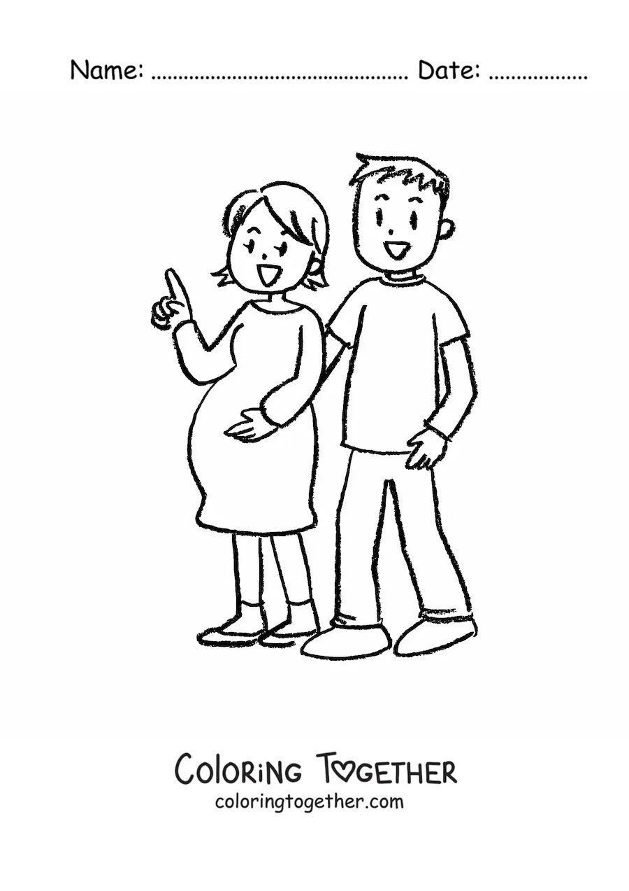 Coloring page of a married couple where the woman is pregnant