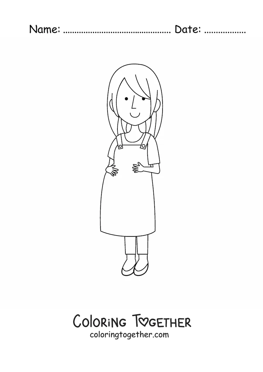 Coloring page of a smiling pregnant woman with her hands on her belly