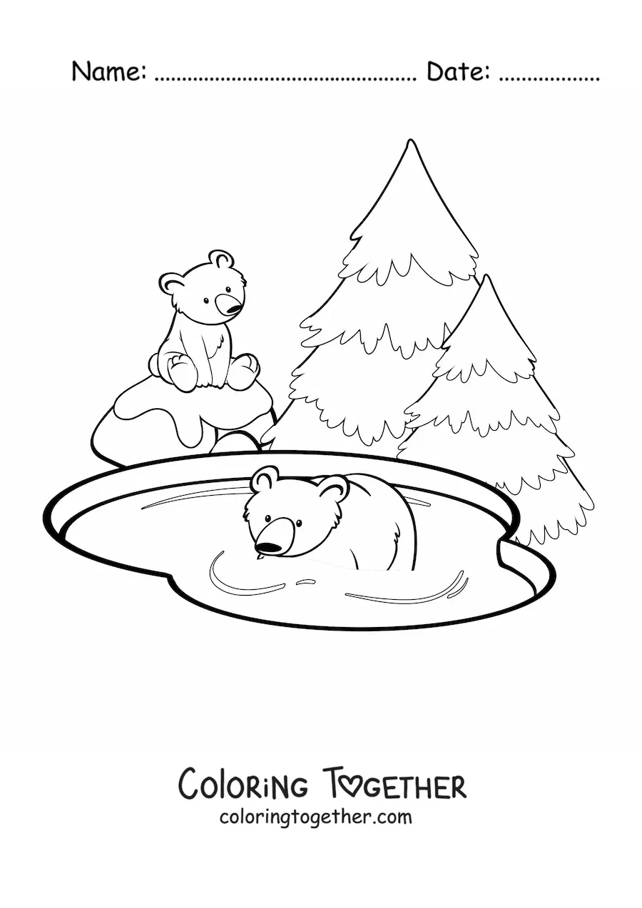 Coloring page of a pair of polar bears by a lake next to some pine trees