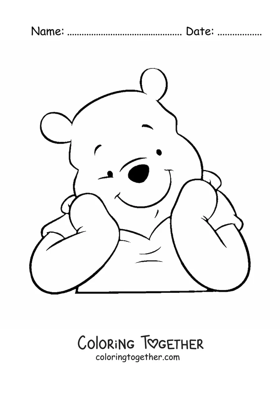 Coloring page of the face of Winnie the Pooh resting on his hands, smiling