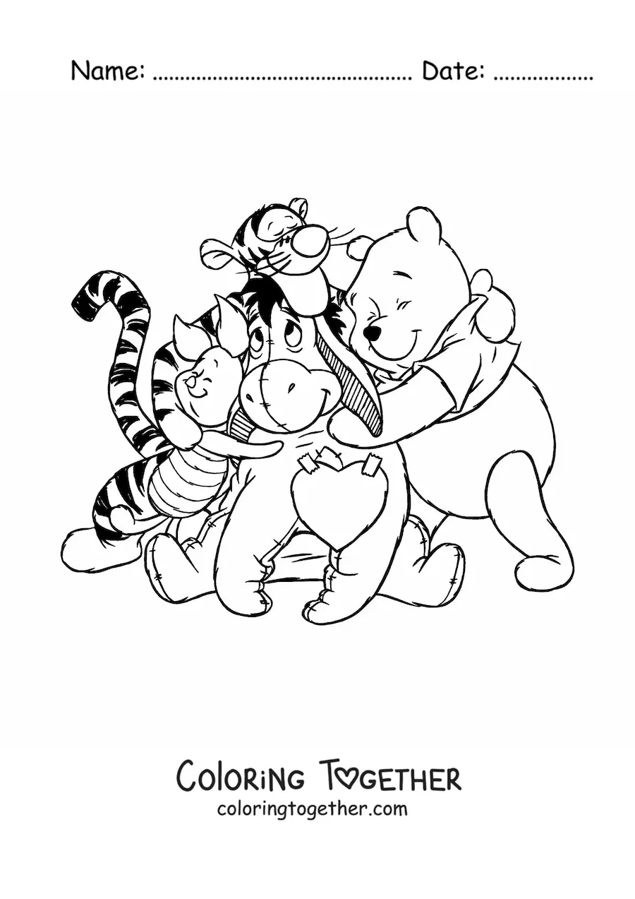 Coloring page of Winnie the Pooh in a hug with his friends