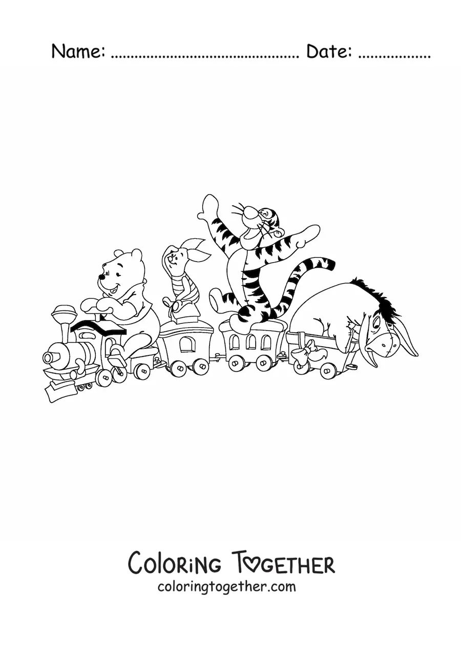 Coloring page of Winnie the Pooh and his friends playing on a toy train